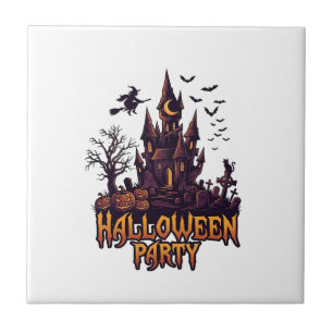 Halloween Party Haunted Castle Pumpkins Bats Ceramic Tile