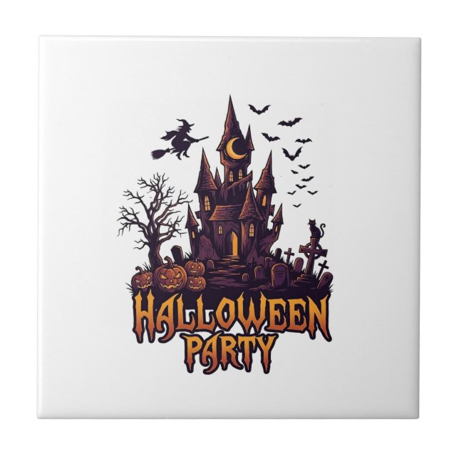 Halloween Party Haunted Castle Pumpkins Bats Ceramic Tile (Front)