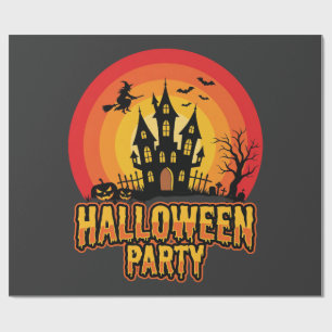 Halloween Party Haunted Castle Retro Vector Wrapping Paper