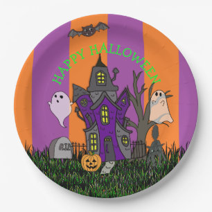 Halloween party Haunted House, Black Cat and Ghost Paper Plate