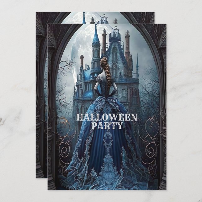 Halloween Party Haunted House Blue Night Scary Invitation (Front/Back)