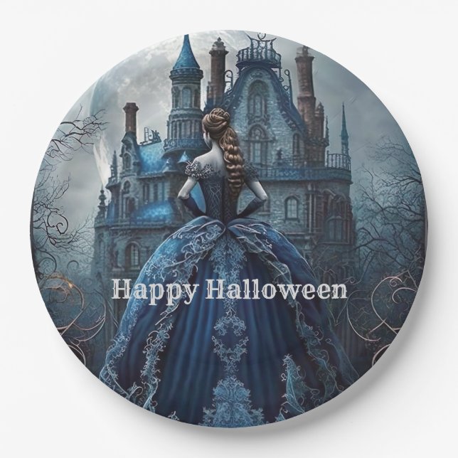Halloween Party Haunted House Blue Night Scary Paper Plate (Front)