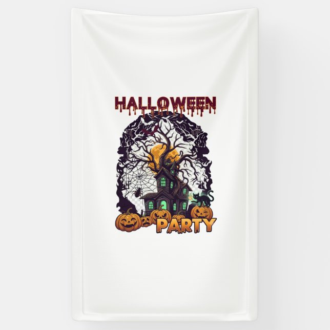 Halloween Party Haunted House Tree Pumpkins Black  Banner (Vertical)