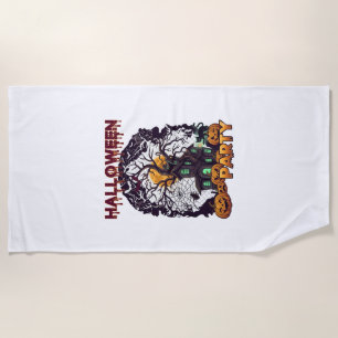 Halloween Party Haunted House Tree Pumpkins Black Beach Towel