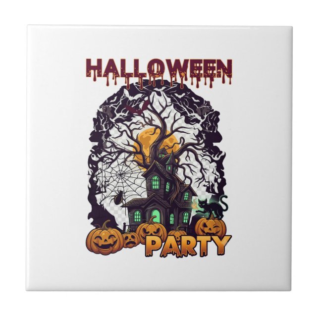 Halloween Party Haunted House Tree Pumpkins Black  Ceramic Tile (Front)