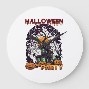 Halloween Party Haunted House Tree Pumpkins Black Large Clock