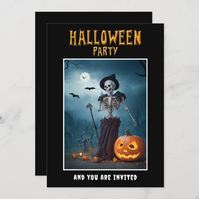 Halloween Party invitation Skeleton and Pumpkins (Front/Back)