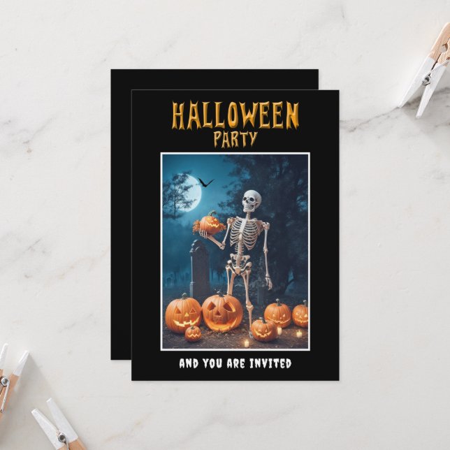 Halloween Party invitation Skeleton holds Pumpkin (Front/Back In Situ)