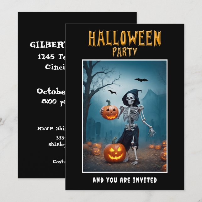Halloween Party invitation Skeleton with Pumpkins (Front/Back)