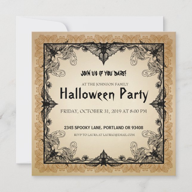 Halloween Party Invitation Vintage Gothic Bats (Front)