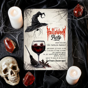 Halloween Party Invitation Witch Hat Wine Glass