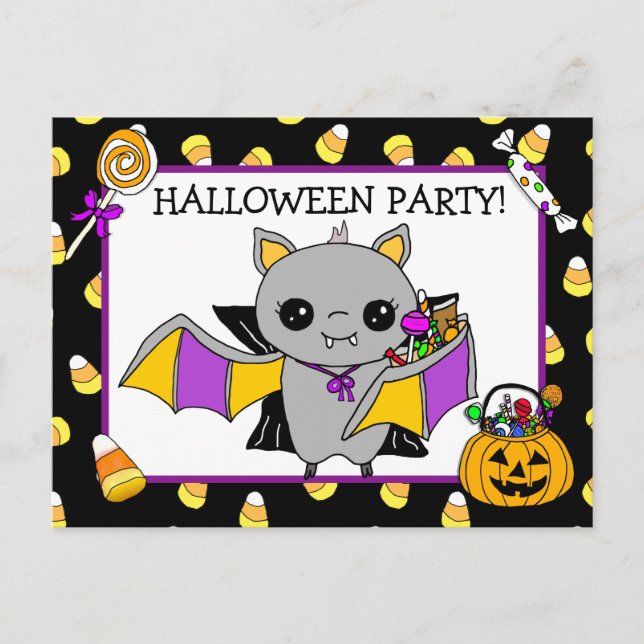Halloween Party Invitation with Bat Holding Candy Postcard (Front)