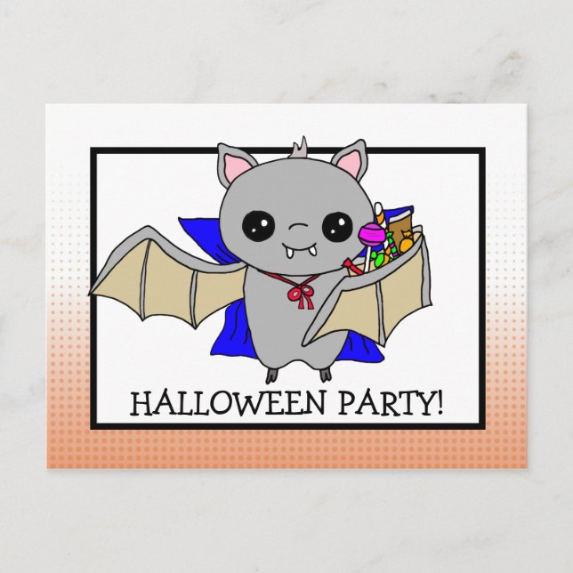 Halloween Party Invitation with Bat Holding Candy Postcard (Front)