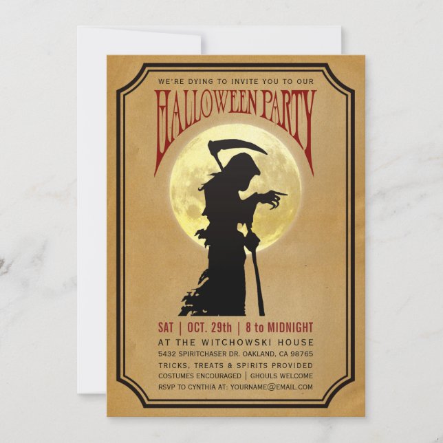 Halloween Party Invitations | Moon & Grim Reaper (Front)