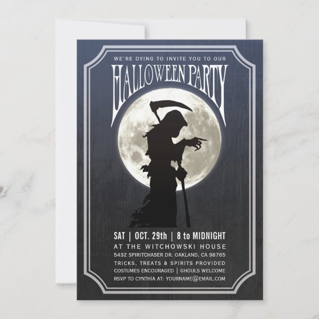Halloween Party Invitations | Moon & Grim Reaper (Front)