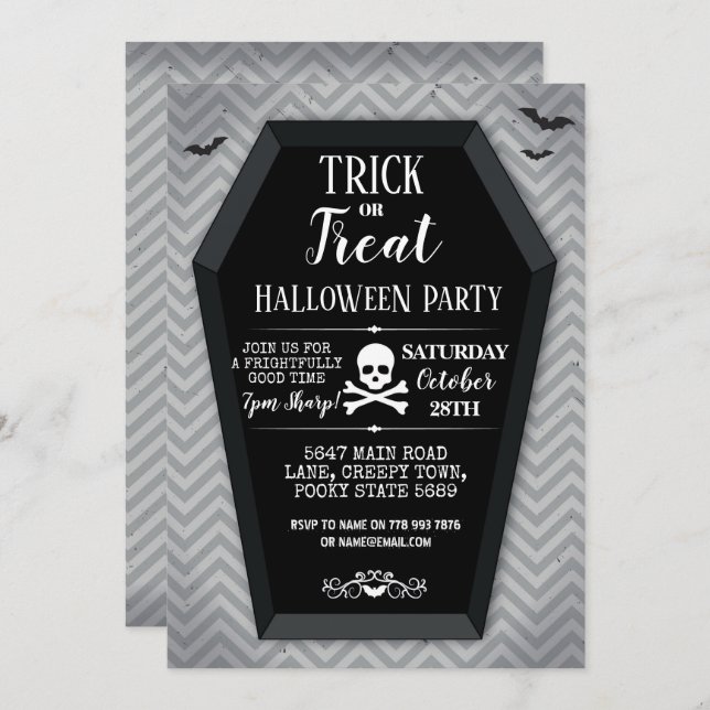 Halloween Party Invite Coffin Bats Skull Crossbone (Front/Back)