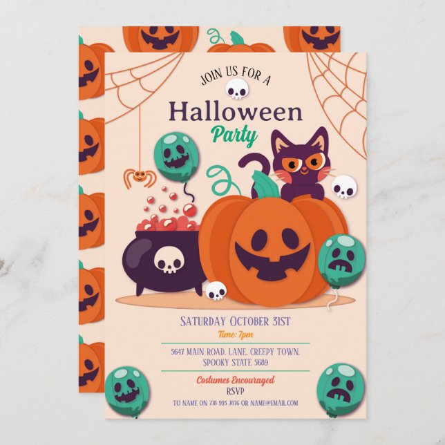 Halloween Party Invite Ghosts Pumpkins Cats Spider (Front/Back)
