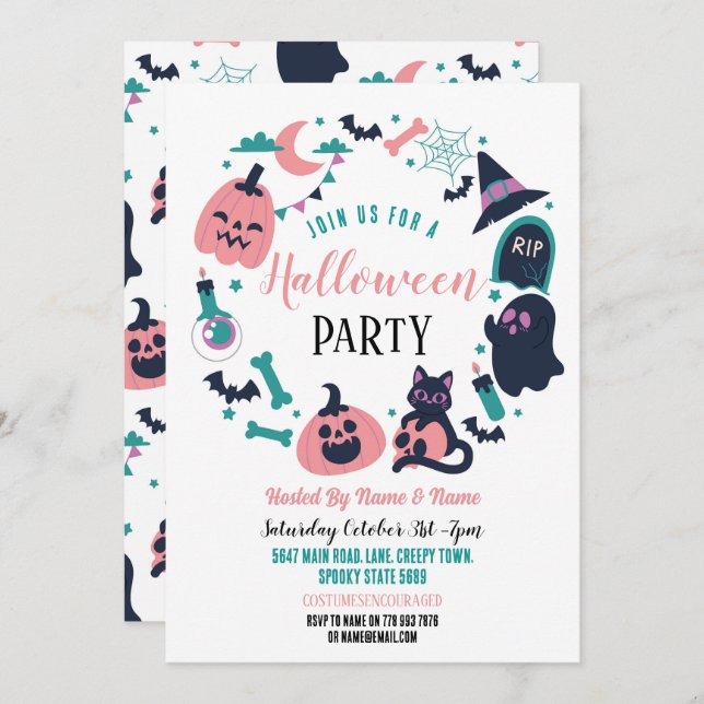 Halloween Party Invite Ghosts Pumpkins Pink (Front/Back)