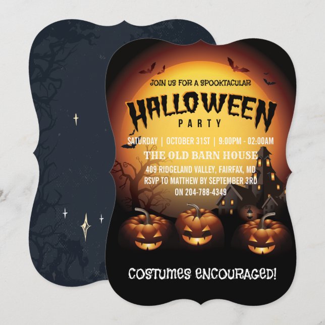 Halloween Party Jack O Lanterns and Bats Invitation (Front/Back)