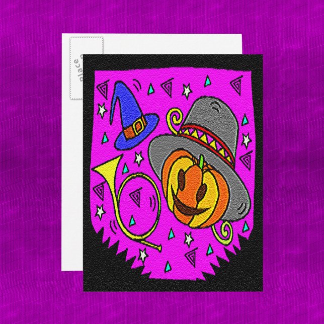 Halloween Party Jack O'Lantern Bugle Purple Invitation Postcard (Halloween Party, Jack o' Lantern and Bugle Pattern Postcard)