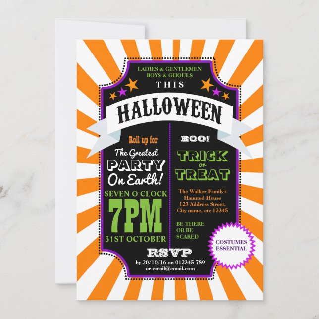 Halloween Party Orange Carnival Circus invite (Front)
