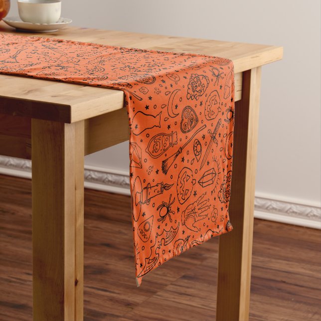 Halloween Party Orange Doodle Pattern Short Table Runner (In Situ)