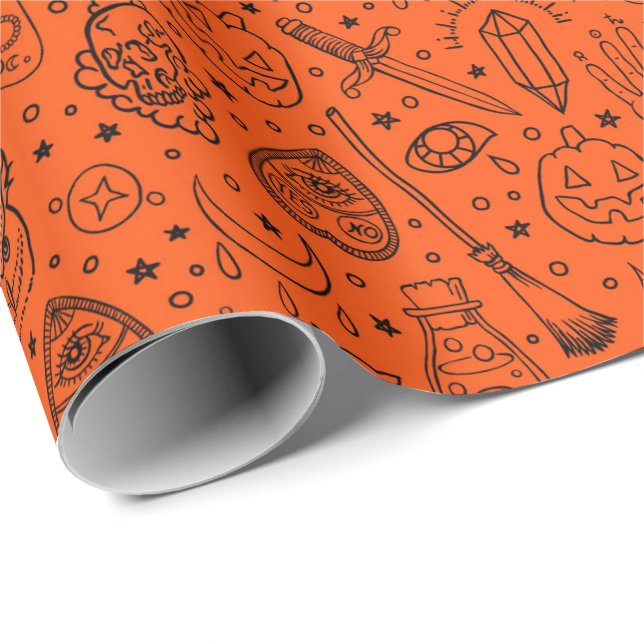 Halloween Party Orange Doodle Pattern Wrapping Paper (Roll Corner)
