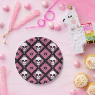 Halloween Party Pink Cute Scull Chequered Paper Plate