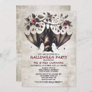 Halloween Party Pink Flowers Bat Green Leaves Invitation
