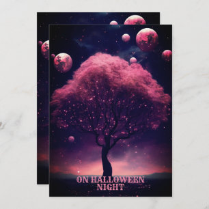 Halloween Party Pink Tree Red Moon Dark Night Invitation