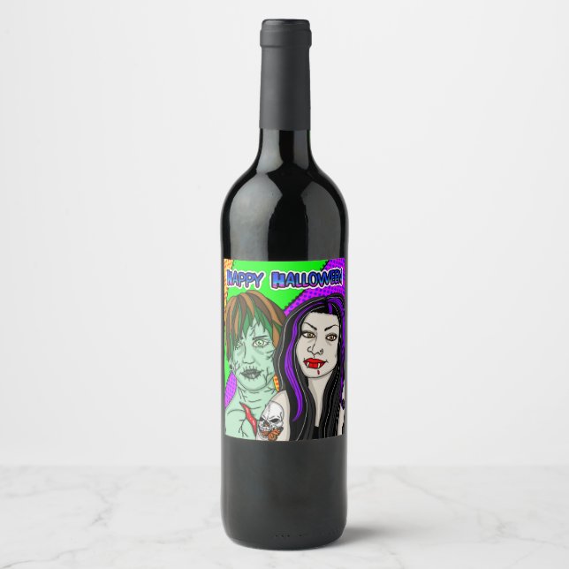 Halloween Party | Pop Art zombie Vampire  Wine Label (Front)