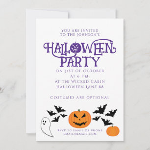 Halloween party pumpkins bats purple text invitation