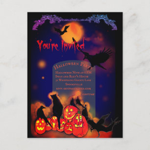 Halloween Party Pumpkins Ravens Cat Full Moon Postcard