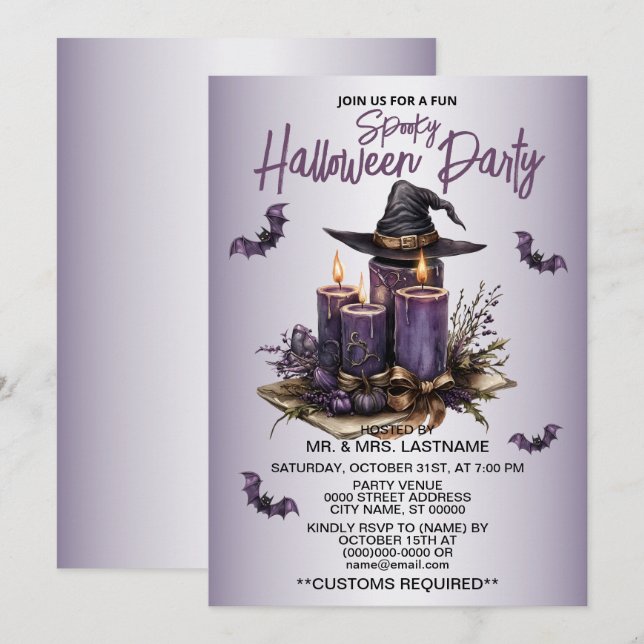 Halloween Party Purple Candles Bats Spooky Scary  Invitation (Front/Back)