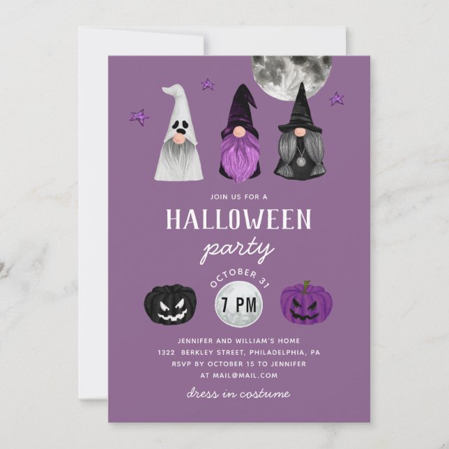 Halloween Party | Purple Gnome Witches & Ghost Invitation (Front)