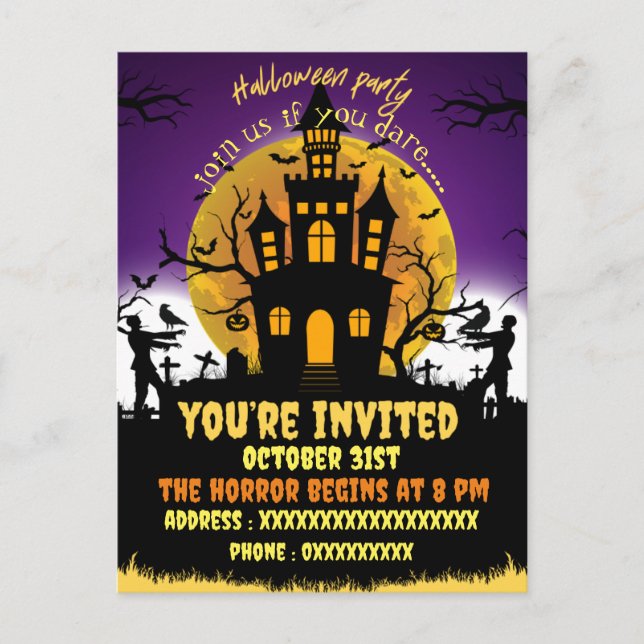 Halloween party scary house black invitation (Front)