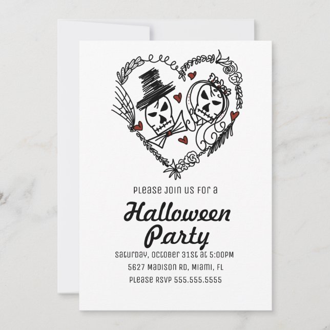 Halloween Party Skeleton Couples Illustration Invitation (Front)