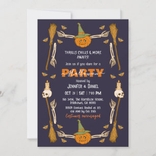 Halloween Party Skeleton Hand Witch Broom Gothic Invitation