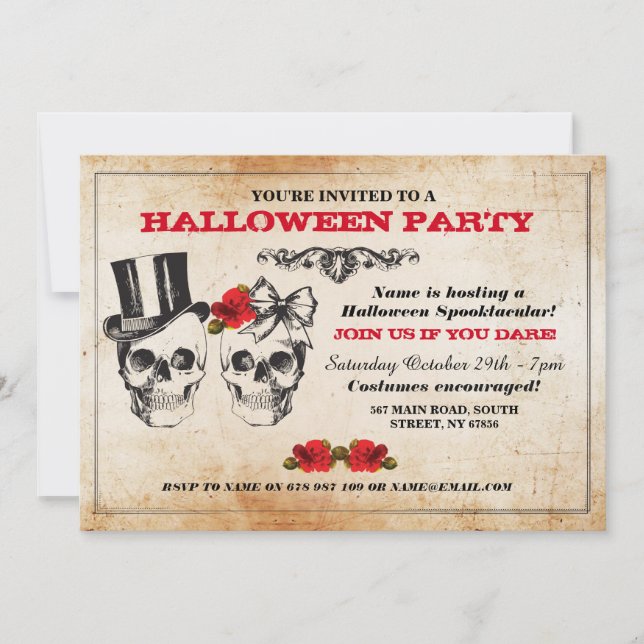 Halloween Party Skulls Roses Horror Costume Invite (Front)