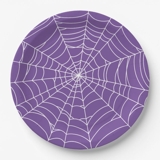 Halloween Party, Spider Web, Purple and White Paper Plate (Front)