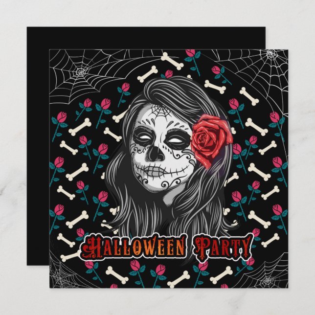 HALLOWEEN PARTY SUGAR SKULL GIRL & RED ROSES INVITATION (Front/Back)