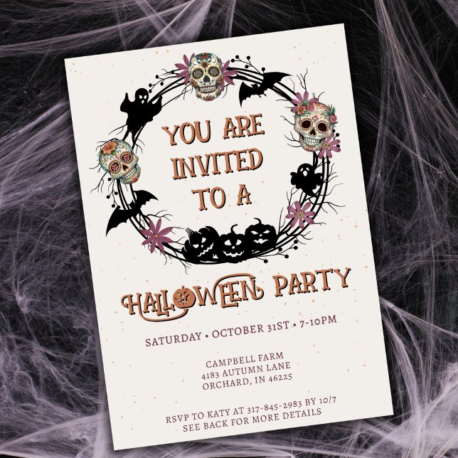 Halloween Party Sugar Skull Wreath  Invitation (Creator Uploaded)