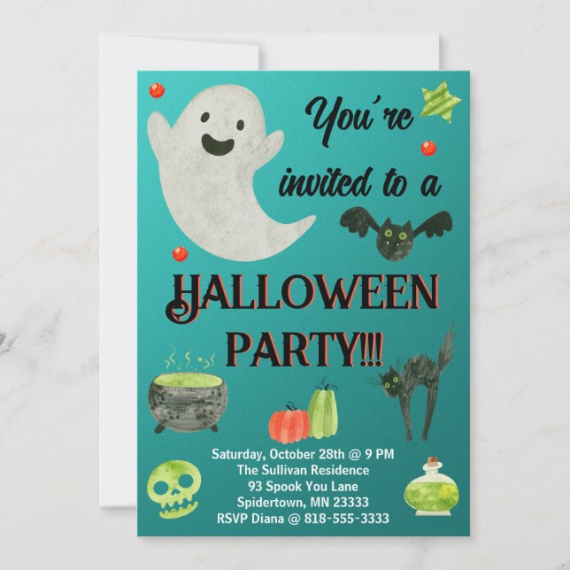 Halloween Party Teal and Green Invitation (Front)