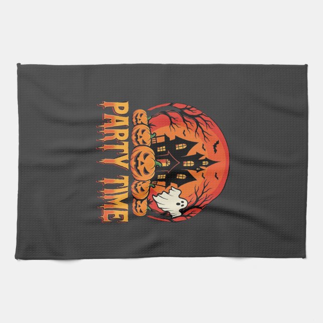 Halloween Party Time Ghost Pumpkin Design_1 Tea Towel (Horizontal)