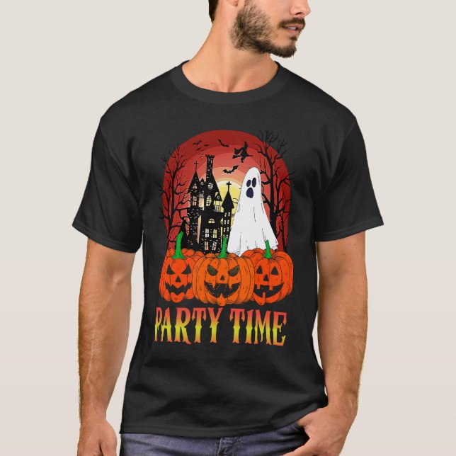 Halloween Party Time  Ghost Pumpkin Haunted House  T-Shirt (Front)