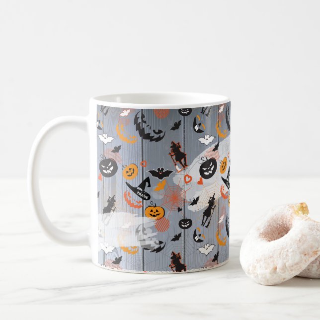 Halloween Party "Treat or Trick" Wood Loft Design Coffee Mug (With Donut)