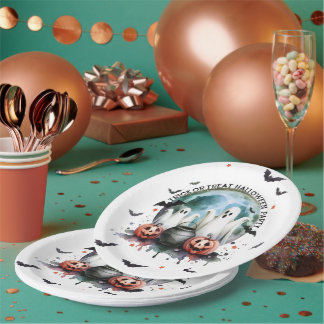 HALLOWEEN Party Trick Or Treat Two Ghosts Pumpkins Paper Plate