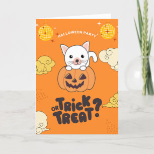 Halloween Party Trick Or Treat White Cat Pumkin Ho Holiday Card