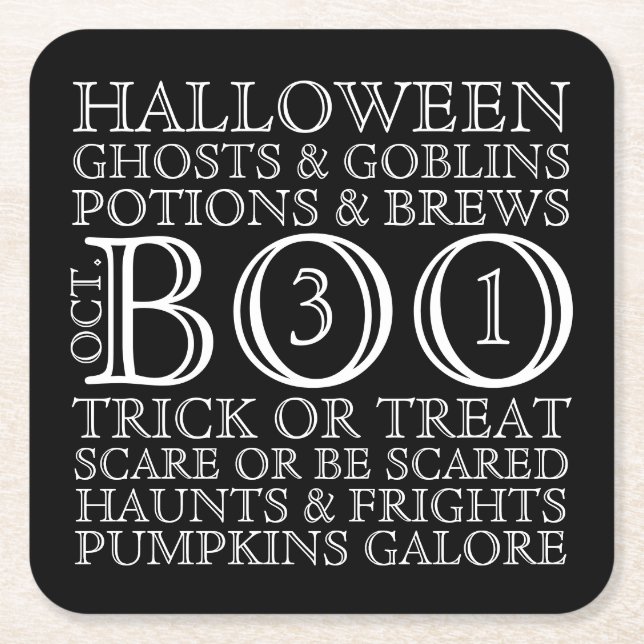 Halloween Party Typography Coasters - B & W (Front)