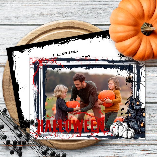 Halloween Party White Frame with Pumpkins  Photo Invitation (Creator Uploaded)